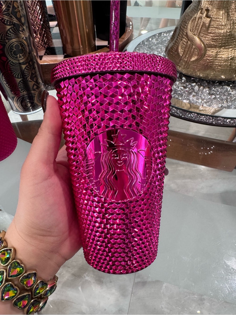 Limited edition Starbucks 2022 Pink Chrome Studded Cold Cup 16 oz